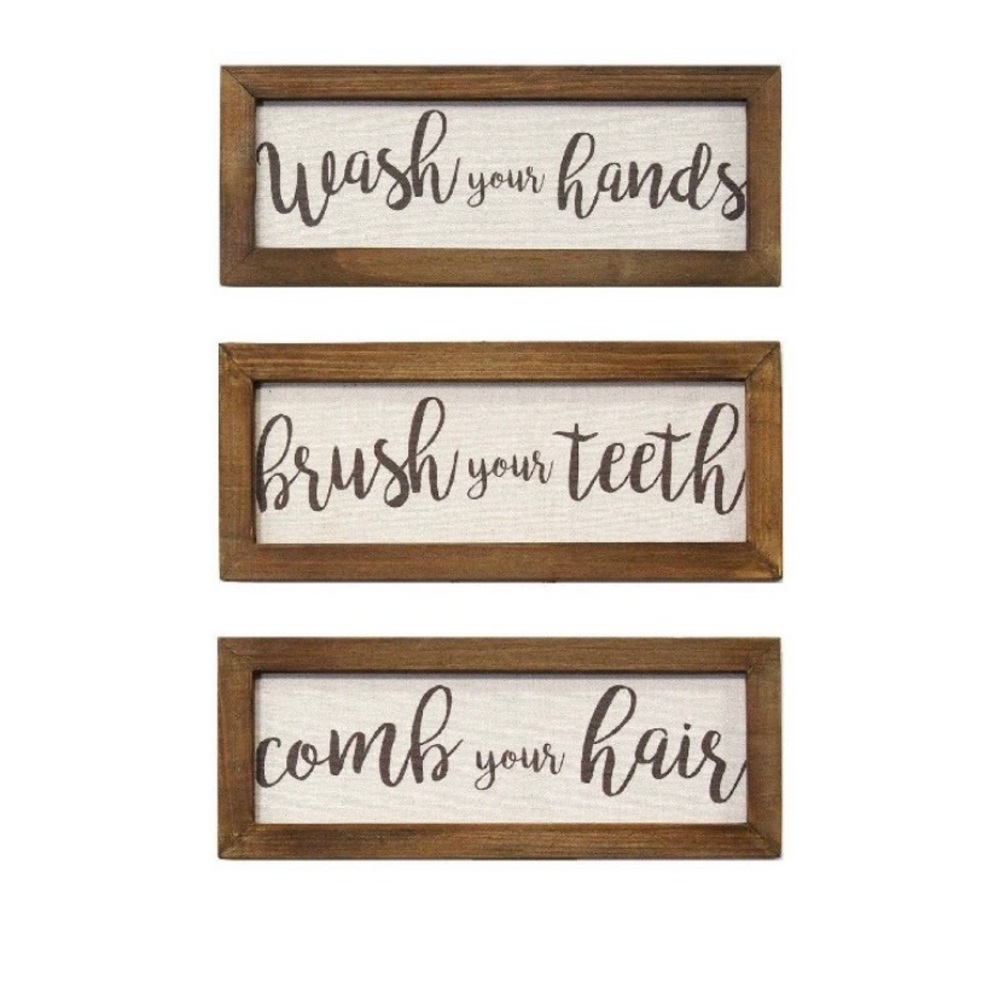 Framed printed linen bathroom wall signs set of 3